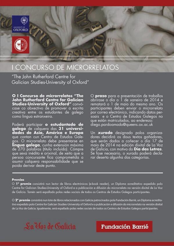 I Concurso de microrrelatos "The John Rutherford Centre for Galician Studies-University of Oxford" I Concurso de microrrelatos "The John Rutherford Centre for Galician Studies-University of Oxford"
