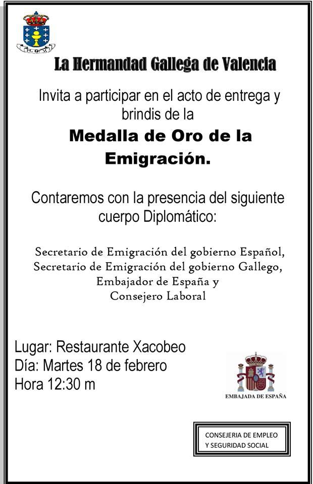 Entrega de la Medalla de Oro de la Emigración a la Hermandad Gallega de Valencia