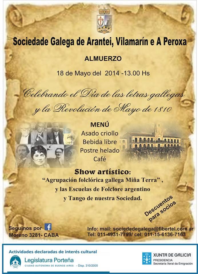 Almuerzo del Día das Letras Galegas 2014 & Revolución de Mayo de 1810 en la Sociedade Galega de Arantei, Vilamarín e A Peroxa de Buenos Aires Almuerzo del Día das Letras Galegas 2014 & Revolución de Mayo de 1810 en la Sociedade Galega de Arantei, Vilamarín e A Peroxa de Buenos Aires