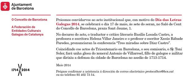 Acto institucional del Día das Letras Galegas 2014 en el Ayuntamiento de Barcelona