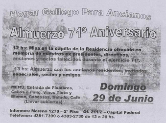 Xantar 71º aniversario do Hogar Gallego para Ancianos de Bos Aires