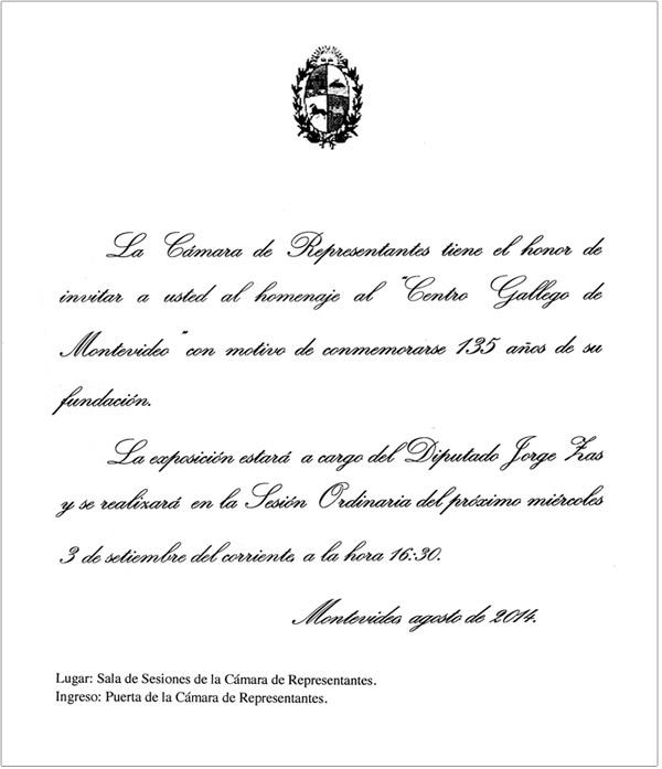 Homenaxe da Cámara de Representantes do Uruguai ao Centro Gallego de Montevideo polo seu 135º aniversario