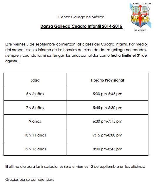 Cursos de Danza Galega - Cadro Infantil 2014-2015 do Centro Gallego de México Cursos de Danza Galega - Cadro Infantil 2014-2015 do Centro Gallego de México