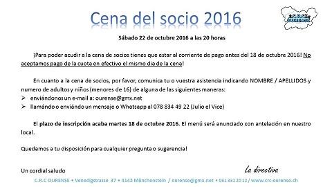 Cea do/a socio/a 2016 do Centro Recreativo Cultural Ourense de Basilea