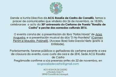 30º aniversario del Certamen de poesía de la A.C.G. Rosalía de Castro de Cornellá y cierre de las jornadas culturales 2016 
