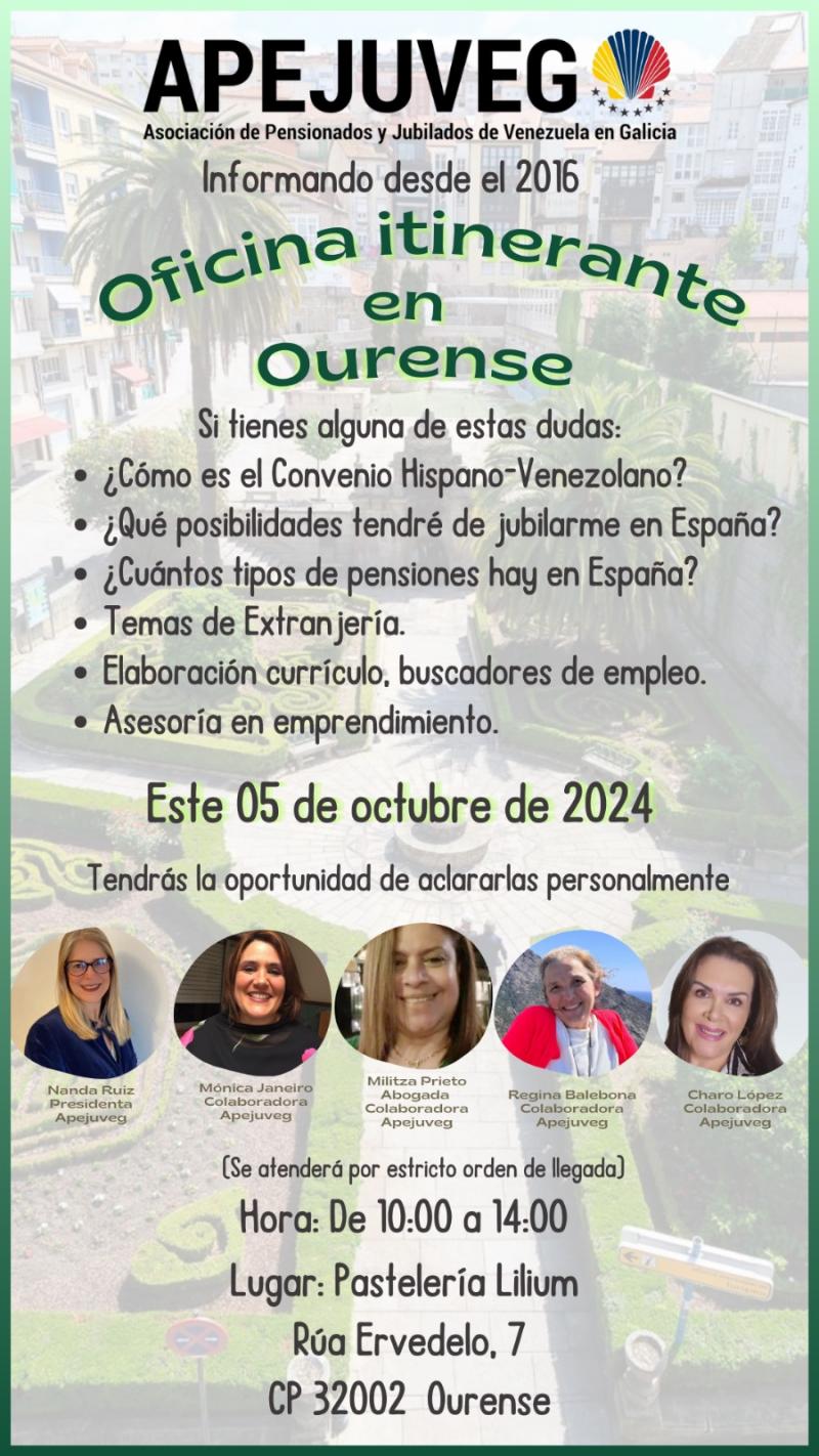 Oficina itinerante da Asociación de Pensionados y Jubilados de Venezuela en Galicia - APEJUVEG, en Ourense
