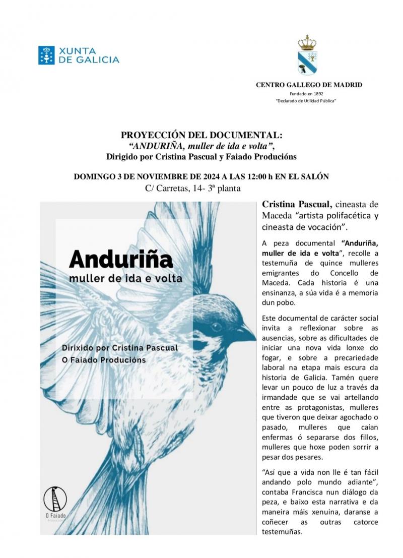 Proyección del documental "Anduriña, muller de ida e volta" en el Centro Gallego de Madrid Proyección del documental "Anduriña, muller de ida e volta" en el Centro Gallego de Madrid