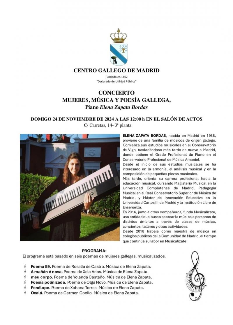 Concerto de piano "Mujeres, música y poesía gallega", de Elena Zapata Bordas, no Centro Galego de Madrid