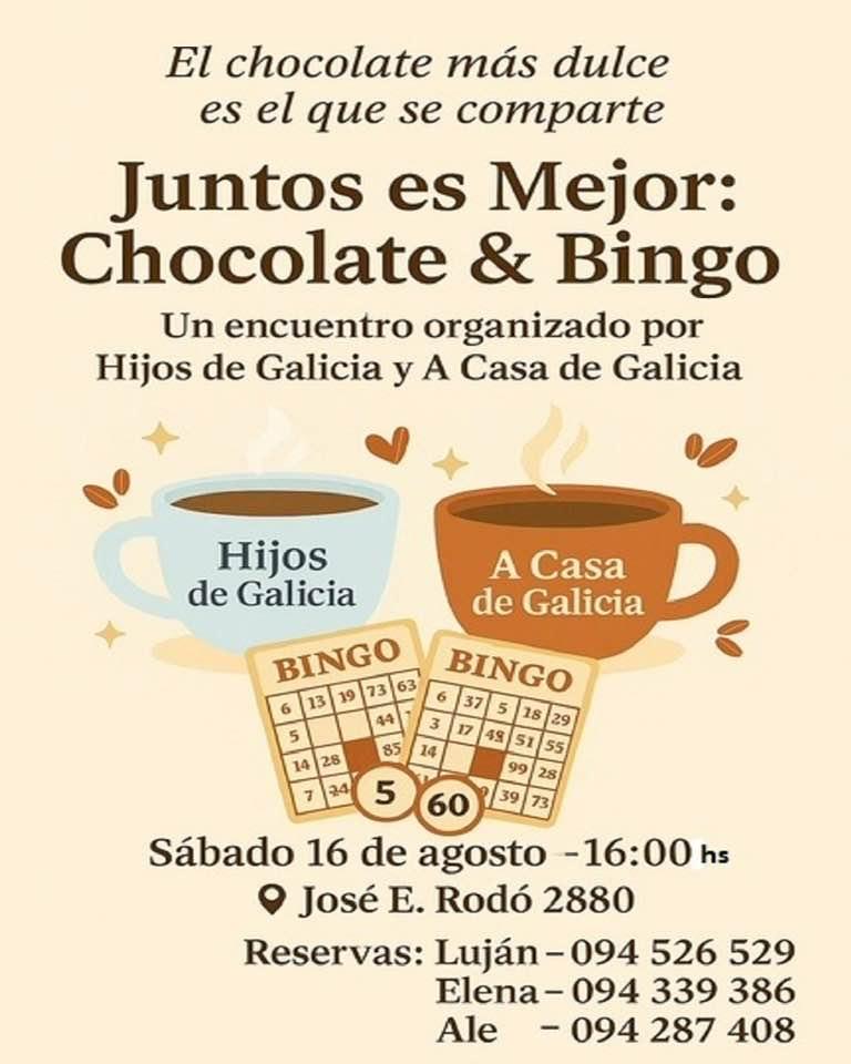 "Xuntos é mellor: chocolate e bingo" polo San Roque no Centro Cultural e Recreativo "Hijos de Galicia" de Uruguai "Xuntos é mellor: chocolate e bingo" polo San Roque no Centro Cultural e Recreativo "Hijos de Galicia" de Uruguai
