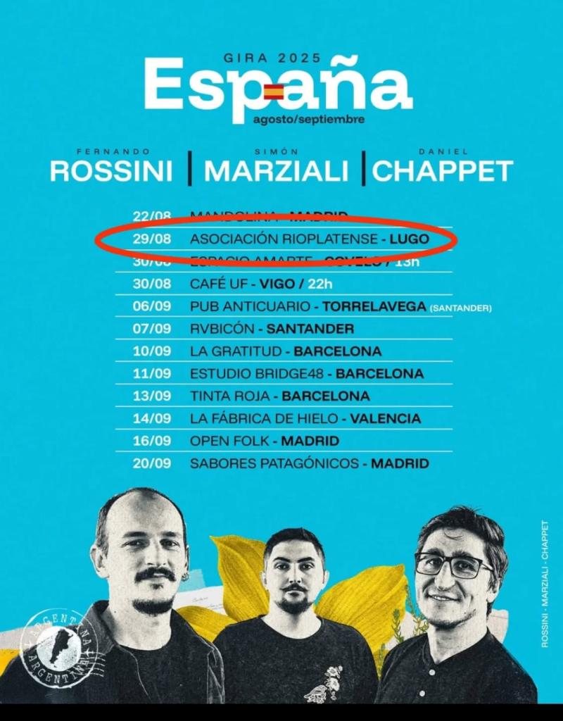 Concerto de Fernando Rossini, Simón Marziali e Daniel Chappet na Asociación Rioplatenses de Lugo Concerto de Fernando Rossini, Simón Marziali e Daniel Chappet na Asociación Rioplatenses de Lugo