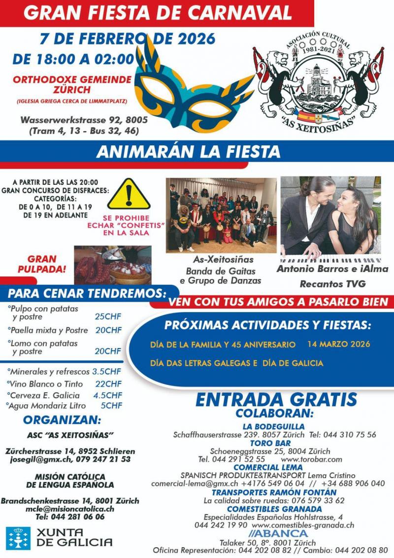 Festa de Entroido 2026 da Asociación Cultural As Xeitosiñas de Zürich.