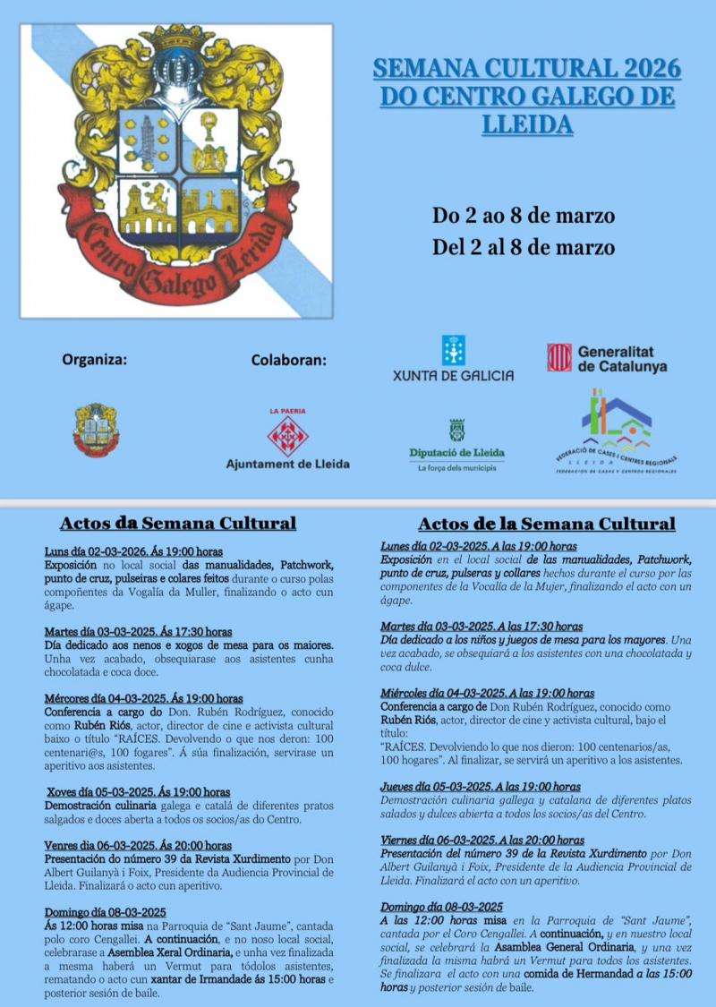Semana cultural 2026 del Centro Gallego de Lleida. Semana cultural 2026 del Centro Gallego de Lleida.