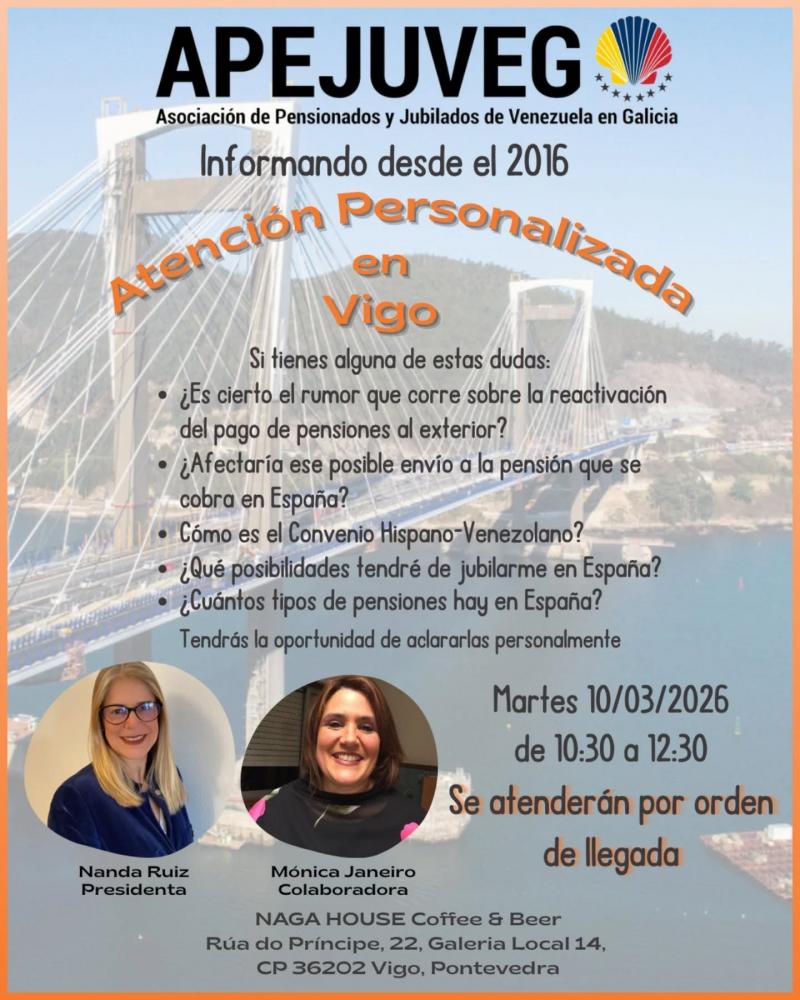 Atención personalizada da Asociación de Pensionistas e Xubilados de Venezuela en Galicia -APEJUVEG- en Vigo.