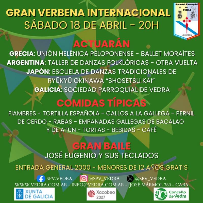 Gran verbena internacional 2026 en la Sociedad Parroquial de Vedra en Buenos Aires.