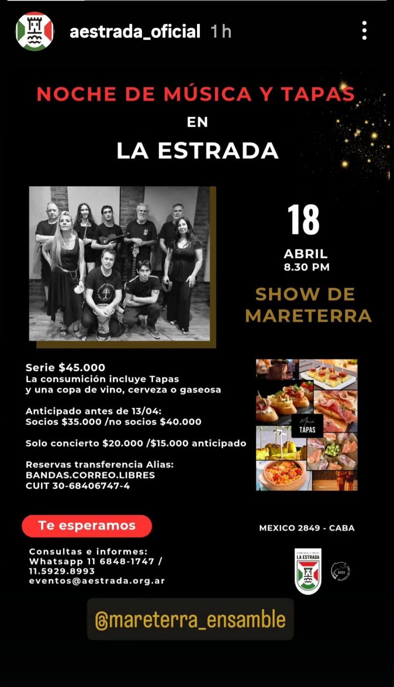 Actuación de Mareterra, nunha noite de música e tapas, no Centro Cultural do Partido da Estrada. Actuación de Mareterra, nunha noite de música e tapas, no Centro Cultural do Partido da Estrada.
