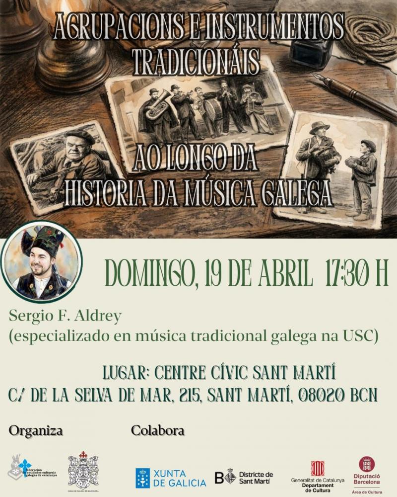 Charla sobre agrupacións e instrumentos tradicionais da historia da música galega organizada pola Federación de Entidades Culturais Galegas de Catalunya. Charla sobre agrupacións e instrumentos tradicionais da historia da música galega organizada pola Federación de Entidades Culturais Galegas de Catalunya.