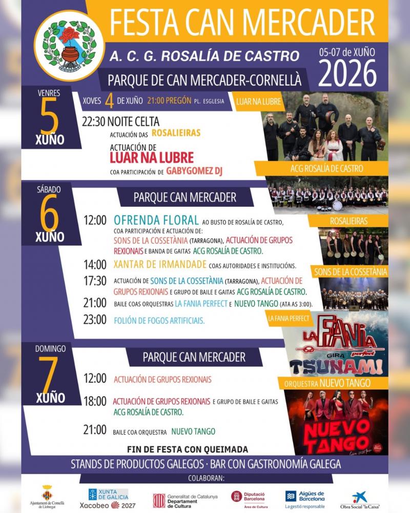 Festa Galega Can Mercader 2026 da A.C.G. Rosalía de Castro de Cornellà. Festa Galega Can Mercader 2026 da A.C.G. Rosalía de Castro de Cornellà.