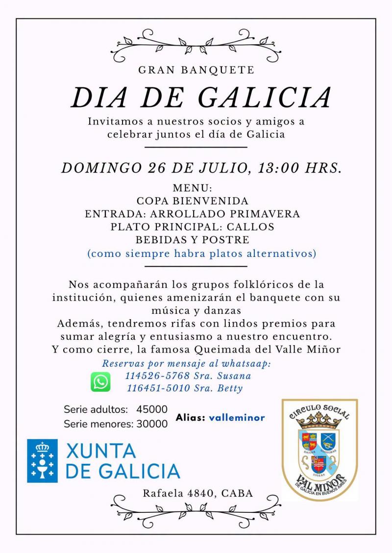 Gran banquete Día de Galicia no Círculo Social Val Miñor de Galicia en Bos Aires.