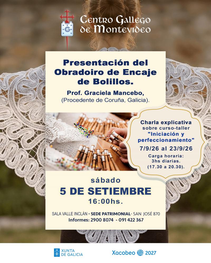 Presentación do obradoiro de encaixe de palillos no Centro Galego de Montevideo.