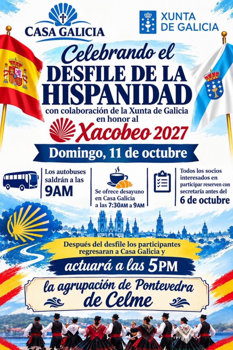 Desfile de la Hispanidad, en honor al Xacobeo 2027, con la presencia de la Casa Galicia de Nueva York.