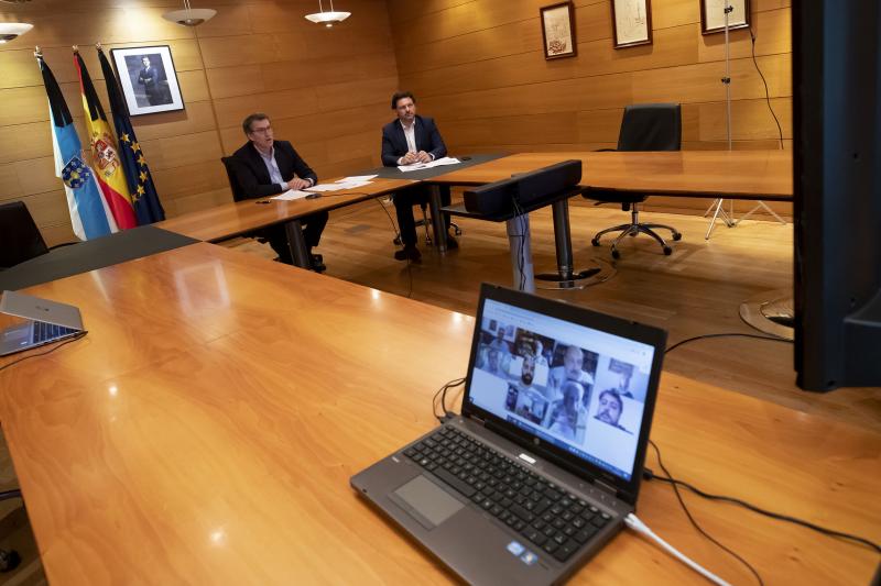 Imagen de la videoconferencia de esta tarde en la sede del Gobierno gallego en San Caetano (Santiago de Compostela)