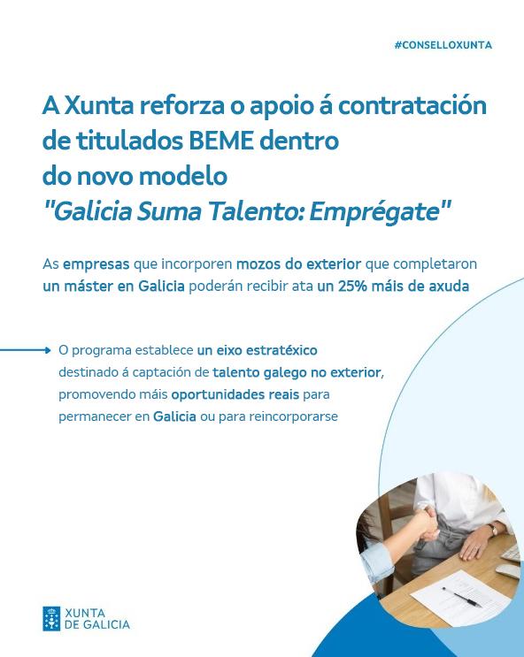 A Xunta reforza o apoio á contratación de titulados BEME dentro do novo modelo 'Galicia Suma Talento: Emprégate'