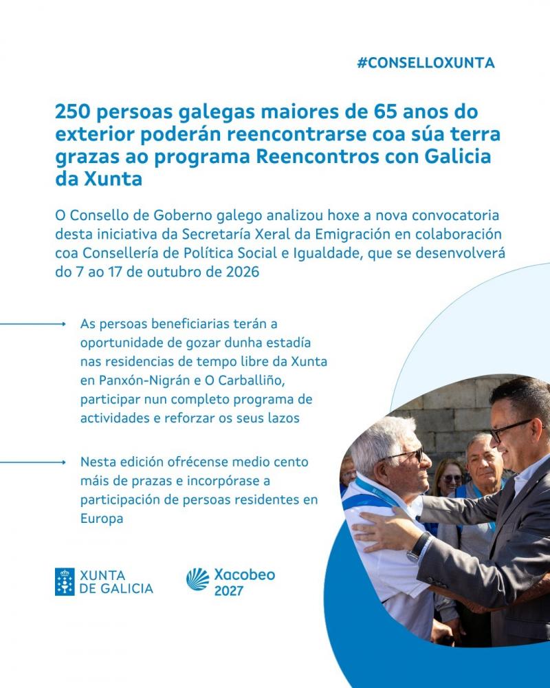 250 persoas galegas maiores de 65 anos do exterior poderán reencontrarse coa súa terra grazas ao programa Reencontros con Galicia da Xunta