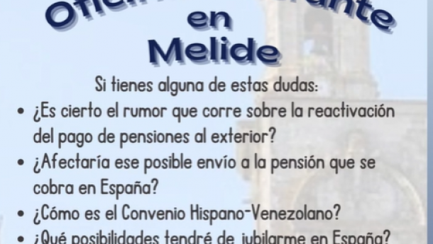 Oficina itinerante da Asociación de Pensionistas e Xubilados de Venezuela en Galicia -APEJUVEG- en Melide. Oficina itinerante da Asociación de Pensionistas e Xubilados de Venezuela en Galicia -APEJUVEG- en Melide.